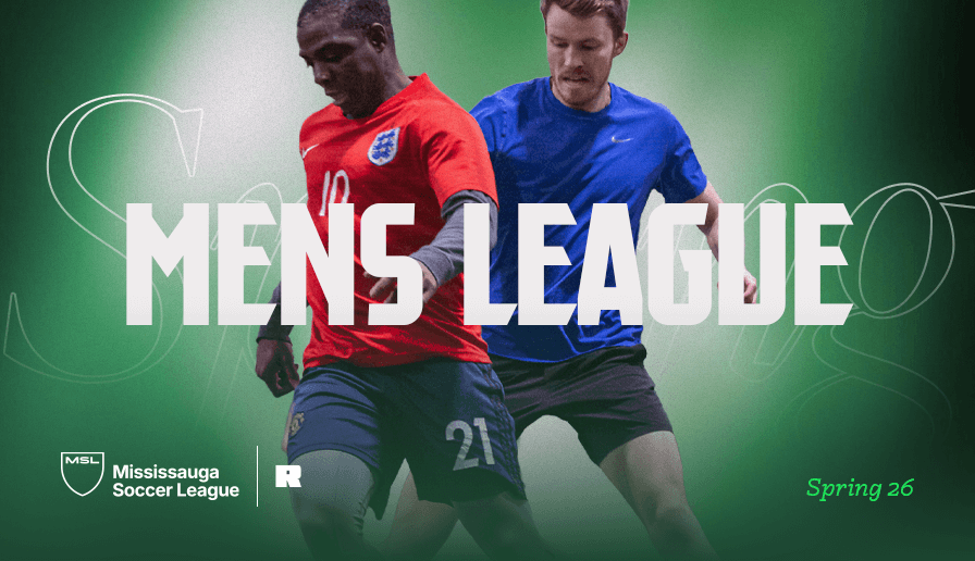 Two adult players competing in a Mississauga men's soccer league match