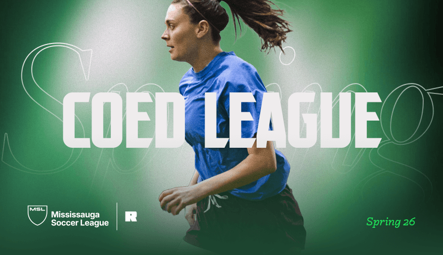 Female player running during a coed soccer league match in Mississauga