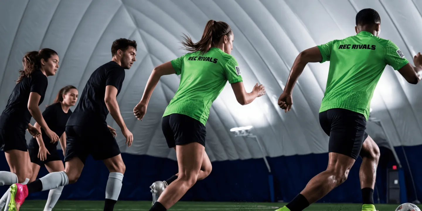 Adult men and women playing indoor soccer in a Mississauga league