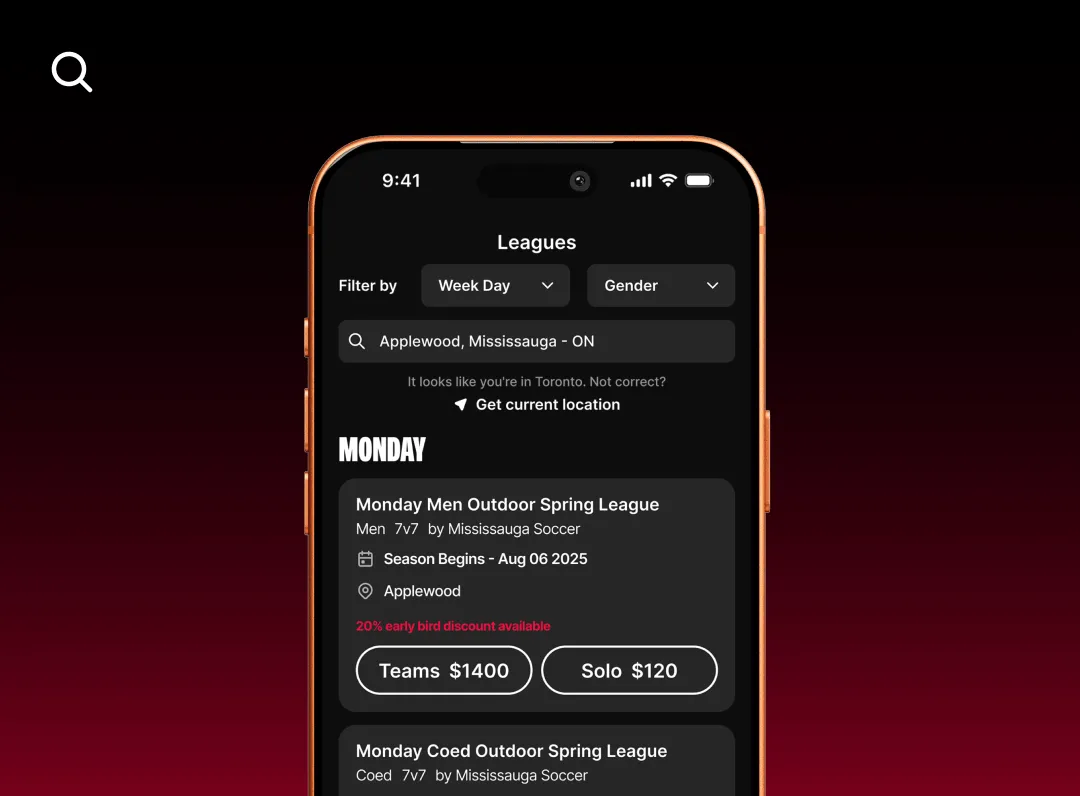 RecRivals app showing adult soccer leagues available in Mississauga