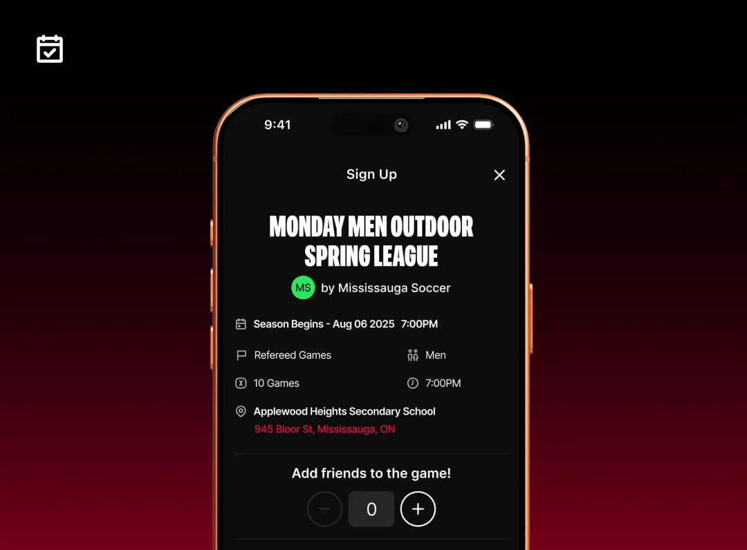 RecRivals app registration screen for a soccer league in Mississauga